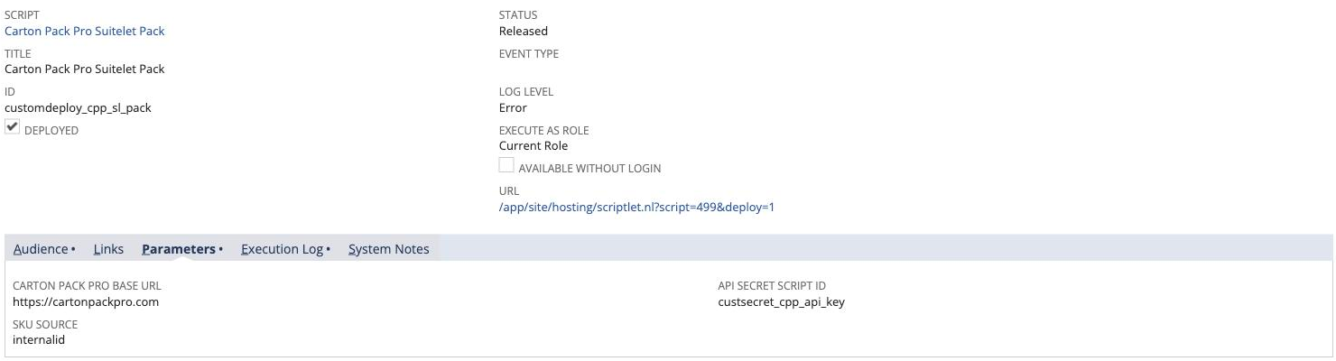 The script deployment: Status Released, DEPLOYED ticked, AVAILABLE WITHOUT LOGIN clear, and the Parameters subtab holding the base URL, custsecret_cpp_api_key and internalid